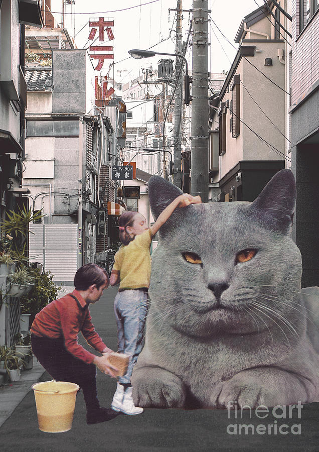Children washing a giant Cat in Tokyo Streets Photograph by Florent Bodart