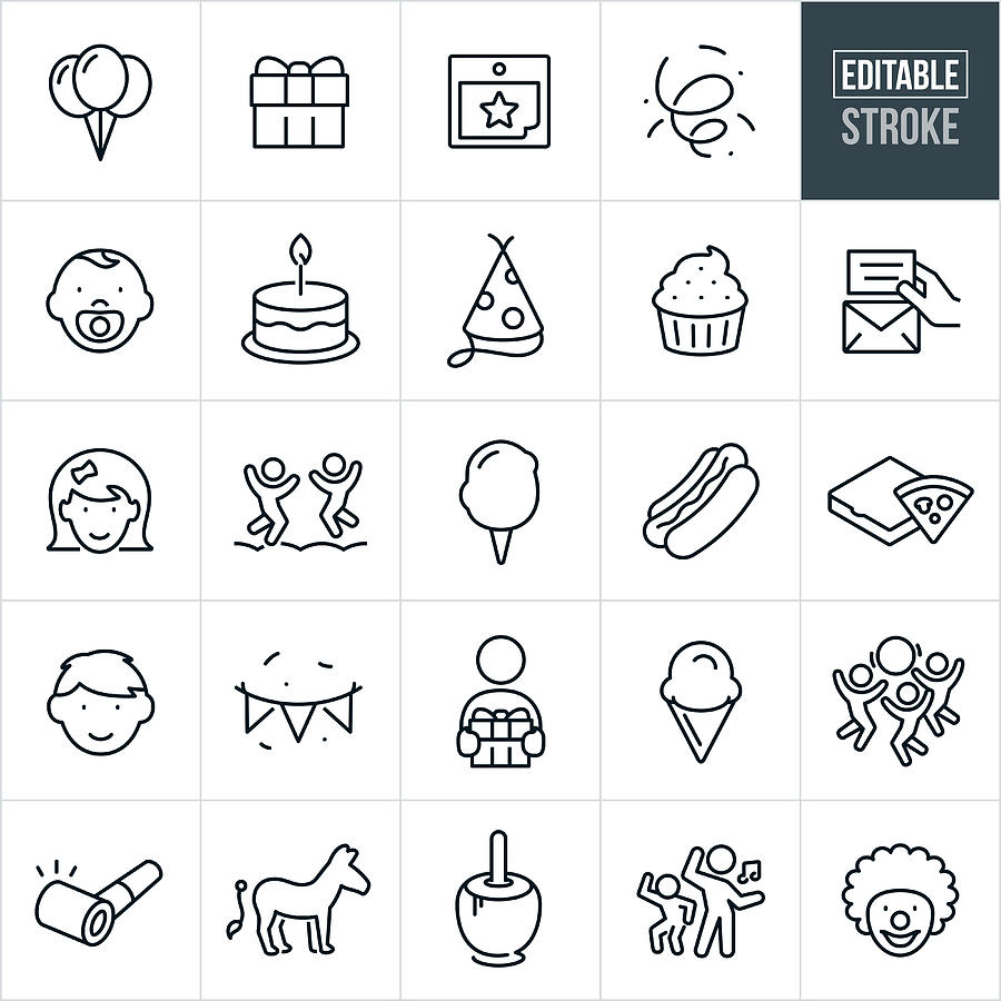 Childrens Birthday Party Thin Line Icons - Ediatable Stroke Drawing by Appleuzr