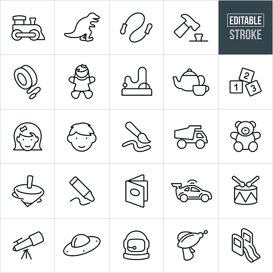 Childrens Toys Thin Line Icons - Editable Stroke Drawing by Appleuzr
