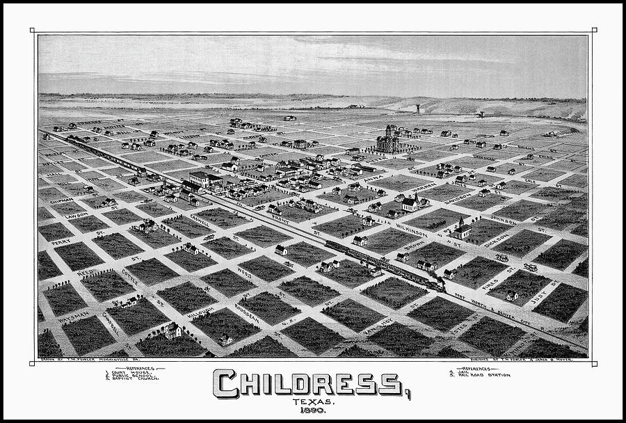 Childress Texas Vintage Map Birds Eye View 1890 Black And White Drawing