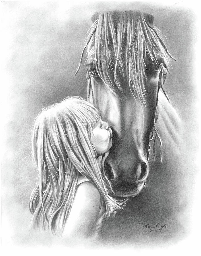 Childs Love For Her Horse Drawing by Lena Auxier