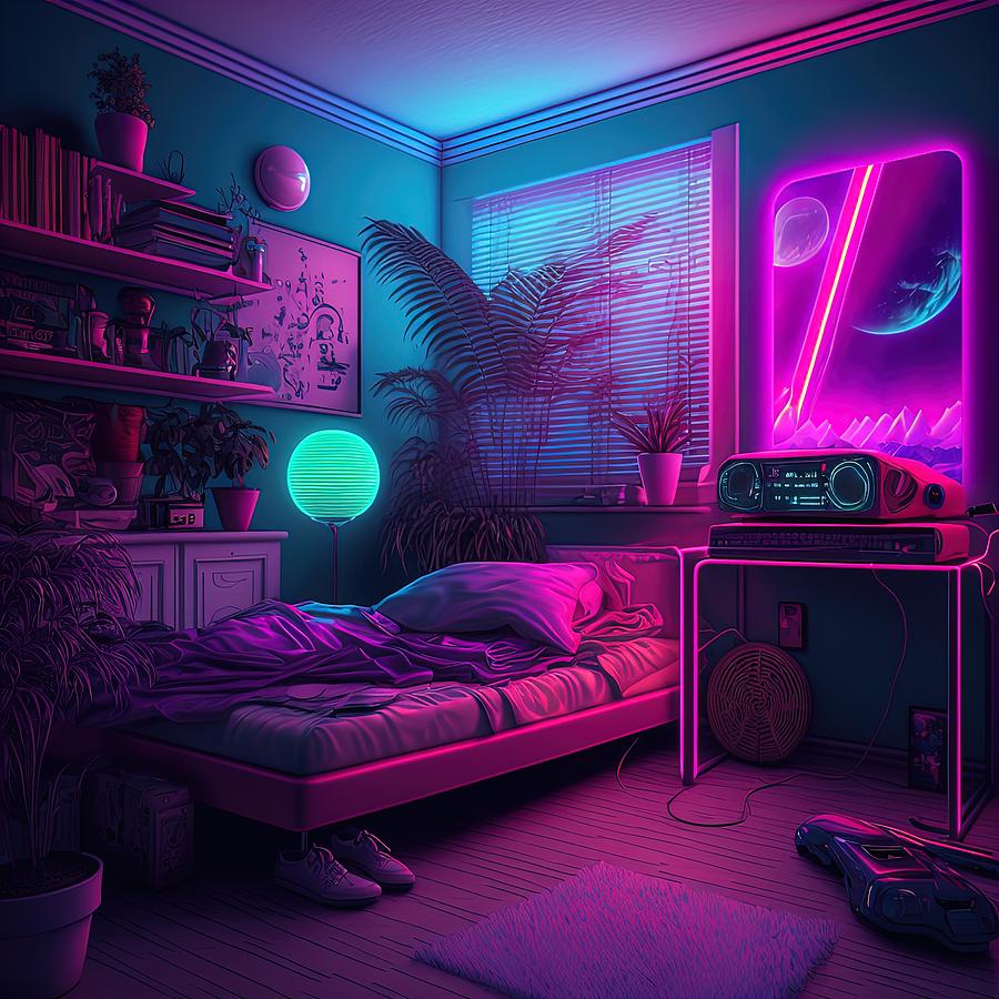 Chill Bedroom from the 80s Synthwave Digital Art by Damien Adam - Pixels