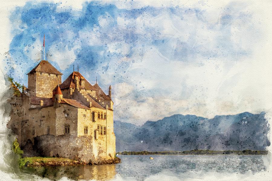 Chillon Castle in Montreux Watercolor Digital Art by Luis G Amor - Lugamor