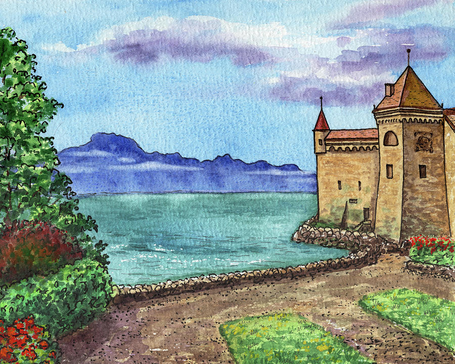 Chillon Castle Lake Geneva Switzerland Veytaux Watercolor  Painting by Irina Sztukowski