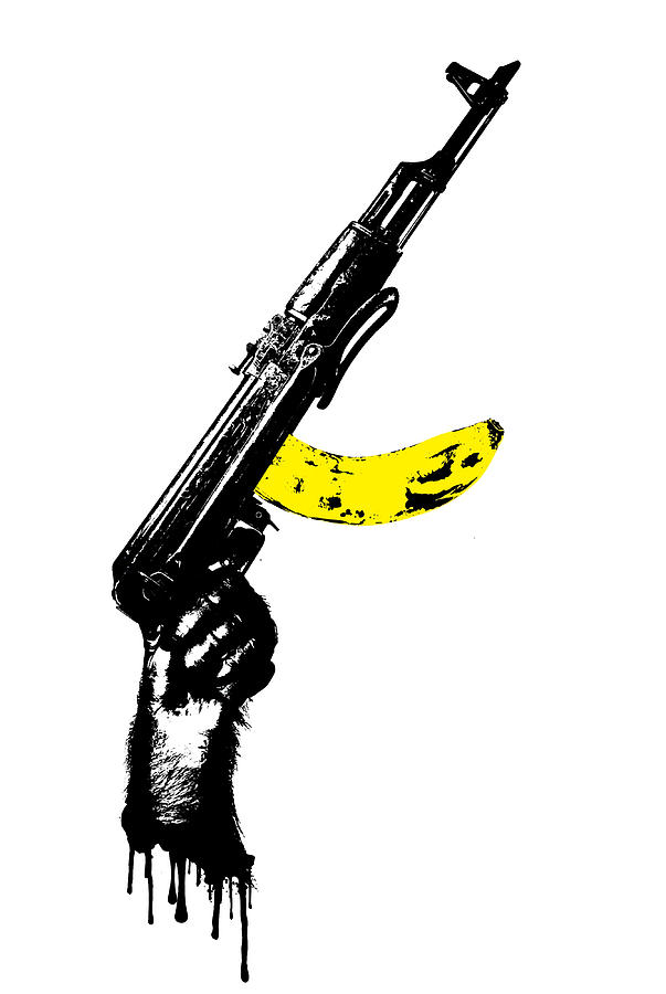 Chimp holding a banana Ak47 Poster quote Painting by Selina Miller | Pixels