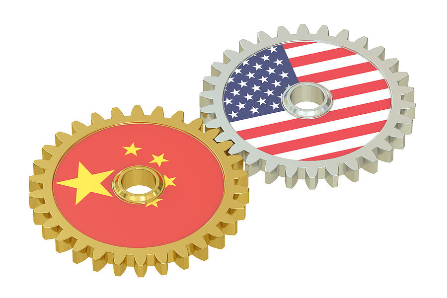 China and United States relations concept, flags on a gears Photograph by AlexLMX