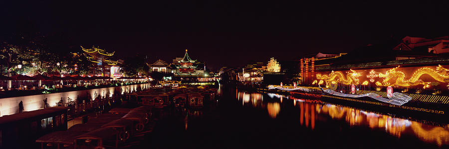 China, Jiangsu Province, Nanjing, tour boats moored on banks of Qin Huai River Photograph by Jerry Driendl