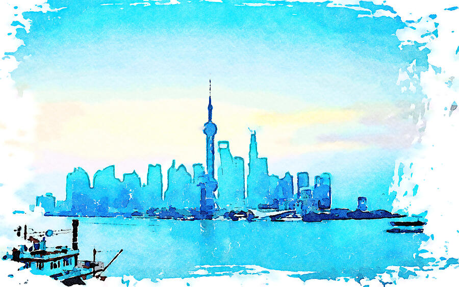 Transportation Painting - China Shanghai Watercolor Painting No. 37 by Aroy Studio