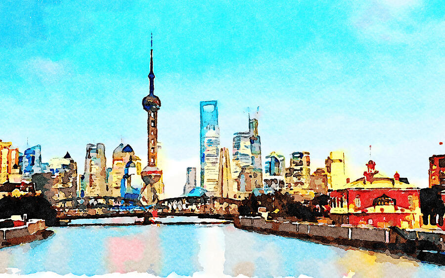Transportation Painting - China Shanghai Watercolor Painting No. 38 by Aroy Studio