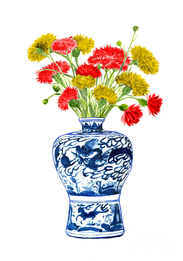 China Vase With Cornflowers Red Yellow 2 Painting by Green Palace