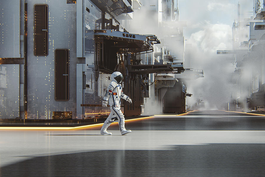 Chinese astronaut walking in futuristic city Photograph by Gremlin