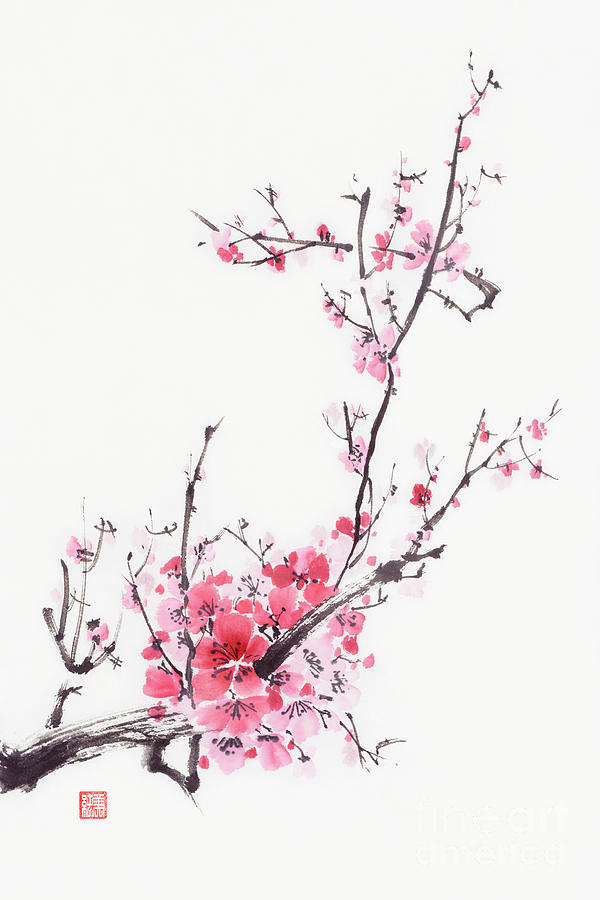 Chinese brush painting of a bright bushy cherry blossom branch w