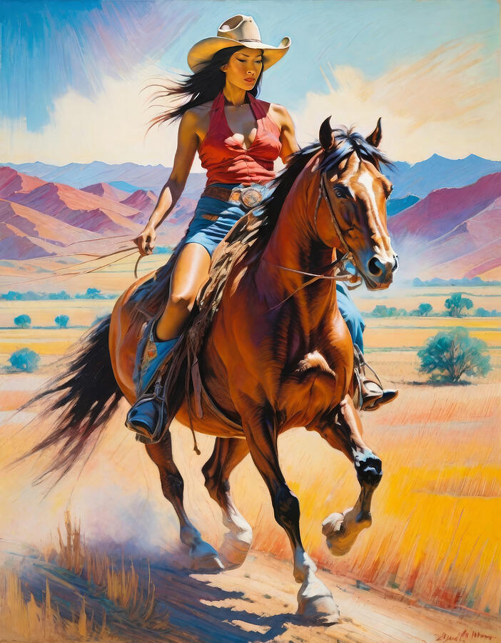 Mountain Painting - Chinese Cowgirl by My Head Cinema