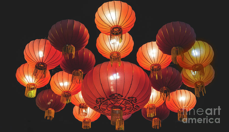 Chinese Lantern Shangai Background On Black Night Matte Photograph by Luca Lorenzelli