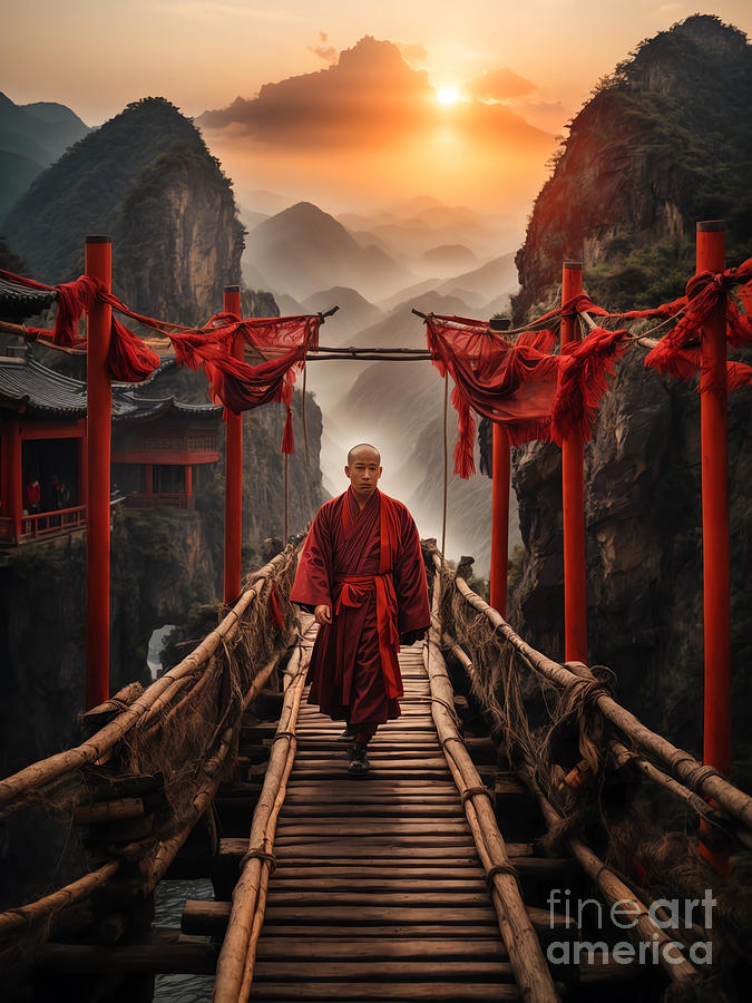 Chinese monk walking on a bamboo bridge Digital Art by Michelle Meenawong