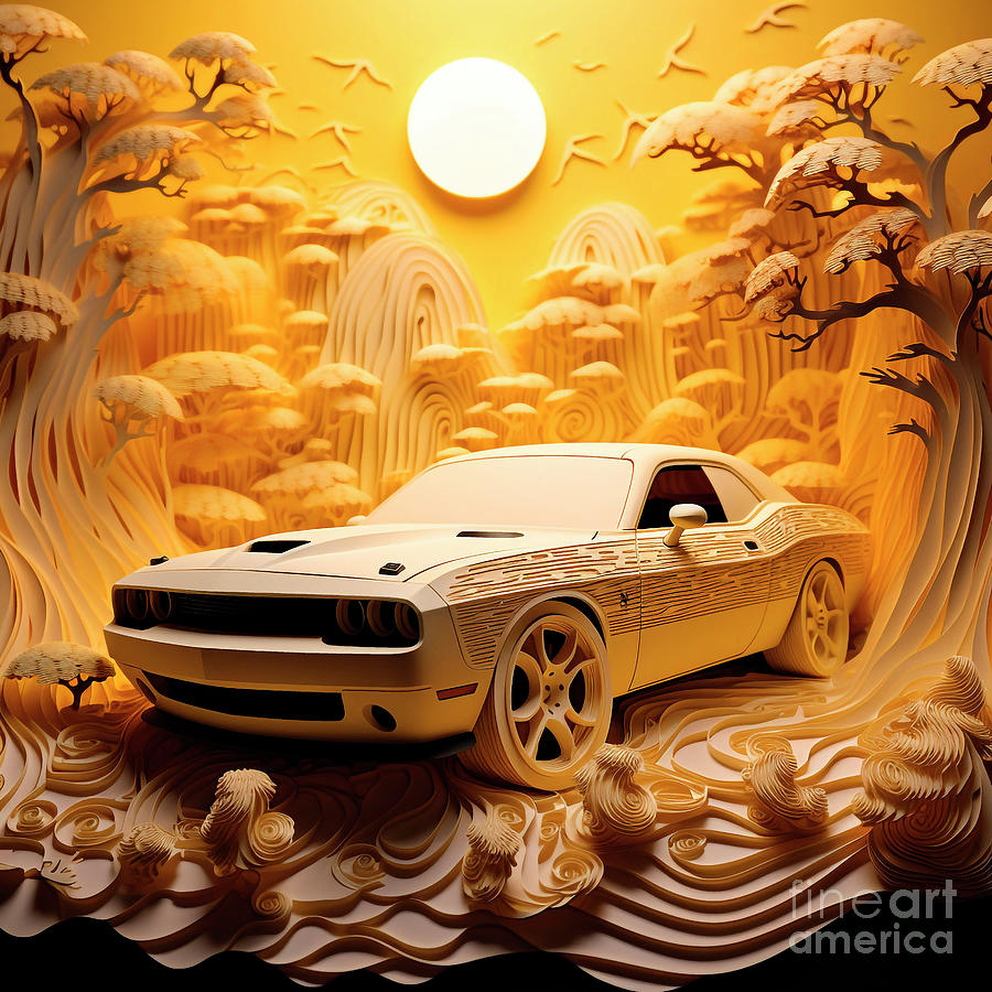 Chinese Papercut Style 044 Dodge Challenger Car Drawing