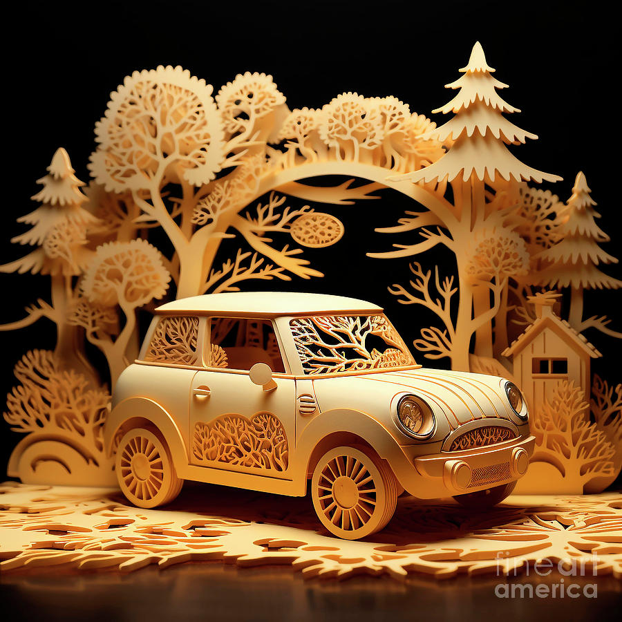Car Drawing - Chinese papercut style 113 Mini Cooper car by Clark Leffler