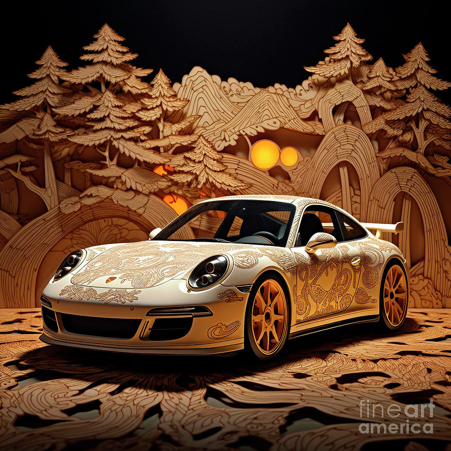 Chinese Papercut Style 131 Porsche 911 Car Drawing