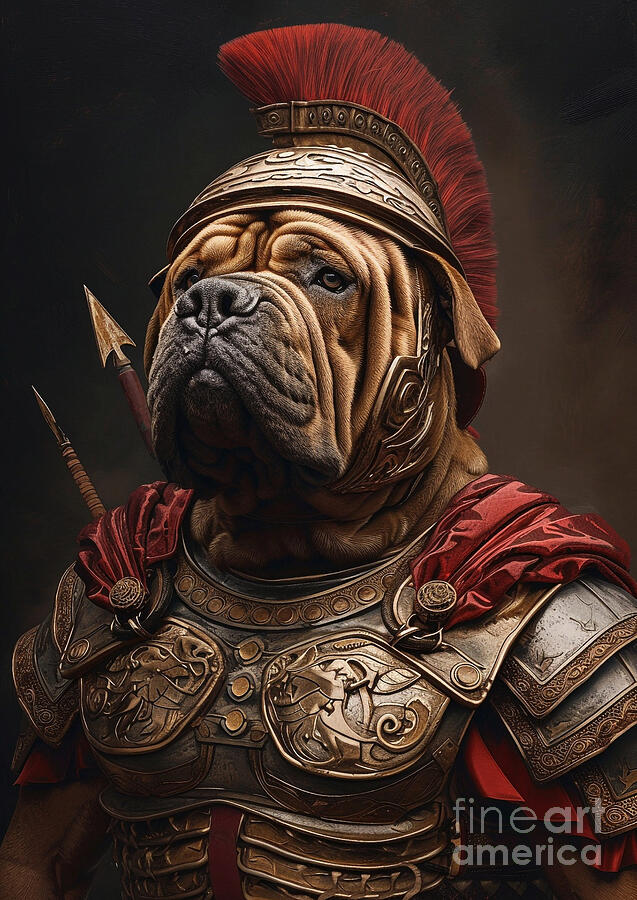 Bulldog Painting - Chinese Shar-Pei - garbed in the distinctive armor of a Roman magistrates guard by Adrien Efren