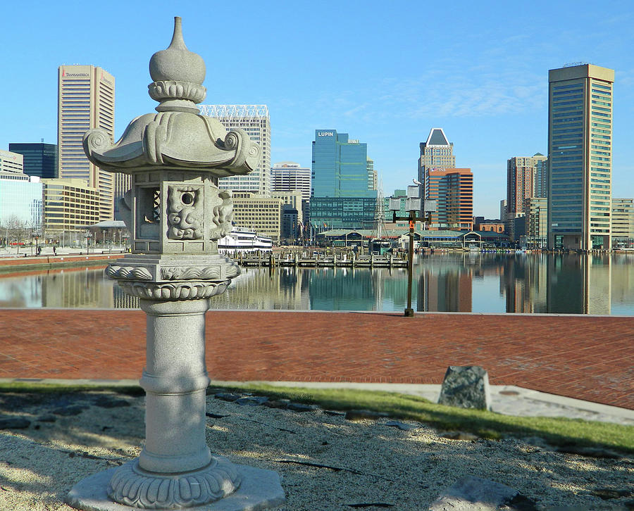 Chinese Statue Inner Harbor Skyline Baltimore Photograph