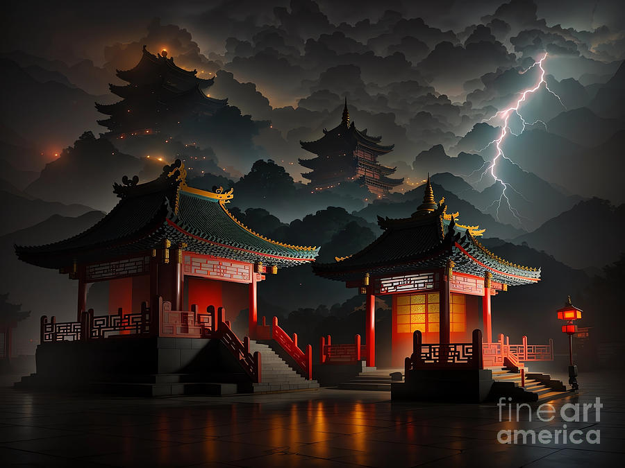 Chinese temple in the storm Digital Art by Michelle Meenawong