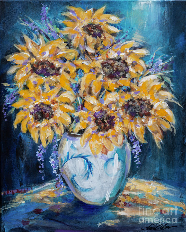 Chinese Vase for Sunflowers Painting by Linda Olsen