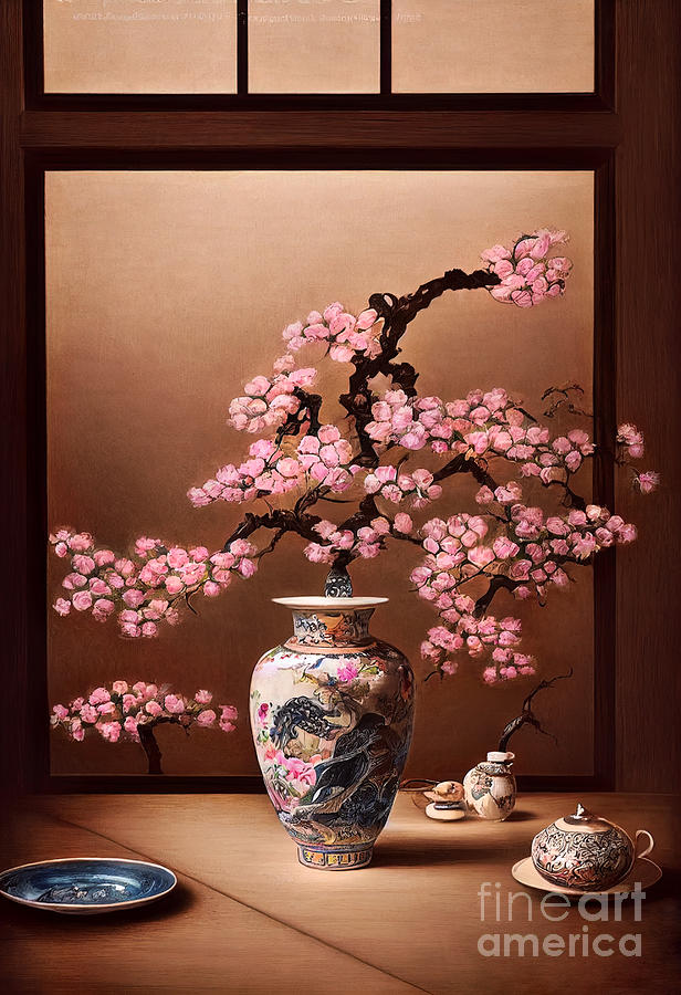 Chinese Vase With Magnolia Flowers  Digital Art by Carlos Diaz