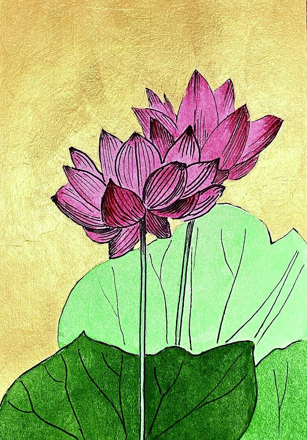 Chinese Lotus on Gold Painting by Masha Batkova