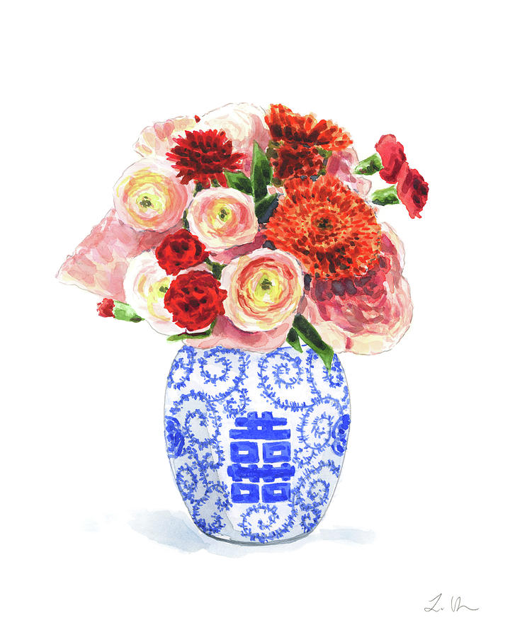 Floral Painting - Chinoiserie Floral No. 1 - Blue and White Ginger Jar Flower Arrangement Bouquet by Laura Row