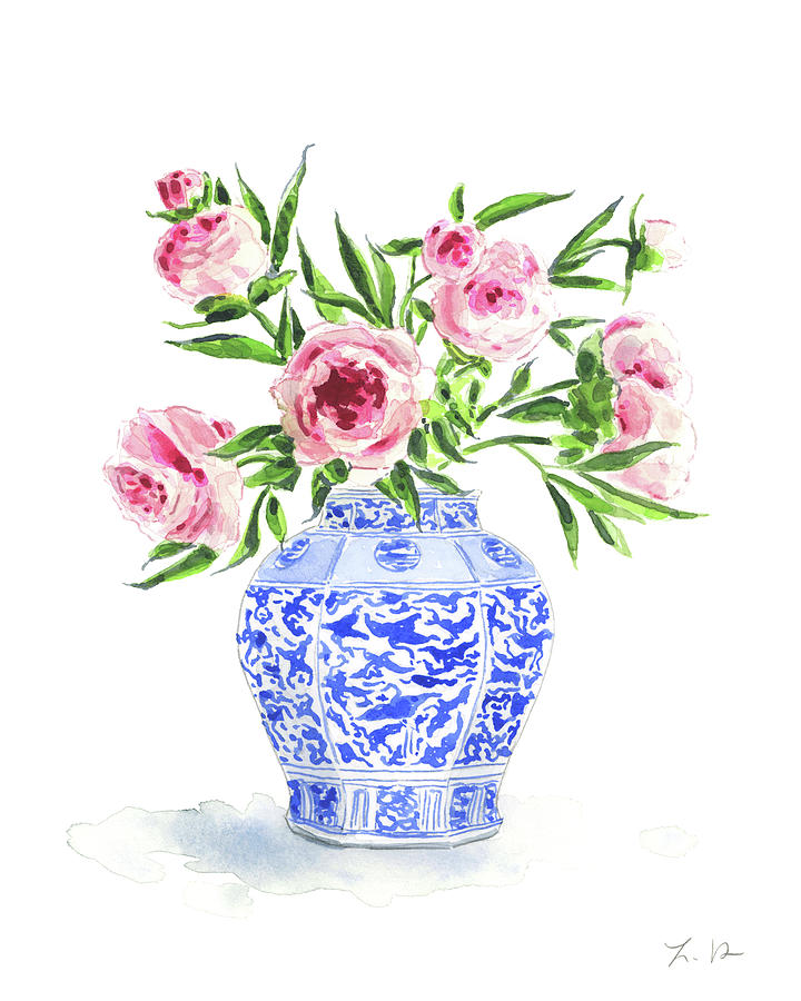 Flower Painting - Chinoiserie Floral No. 2 - Blue and White Ginger Jar Pink Peony Bouquet by Laura Row