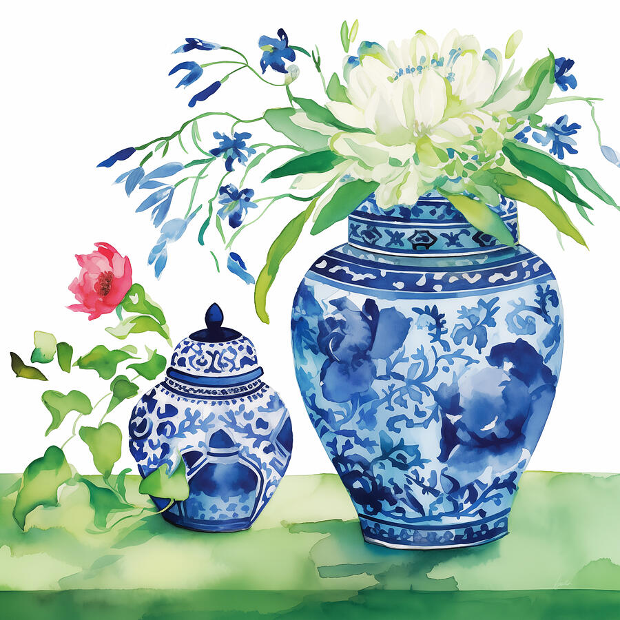 Chinoiserie Ginger Jars with Floral Arrangement Painting by Kimberly ...