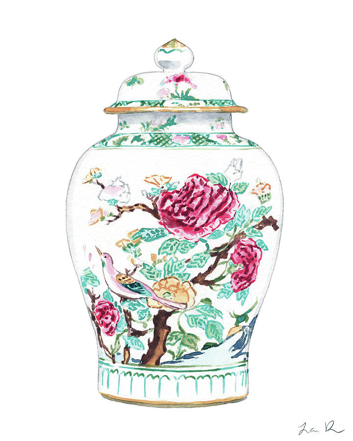Flower Painting - Chinoiserie Rose Famille Ginger Jar No. 1 by Laura Row