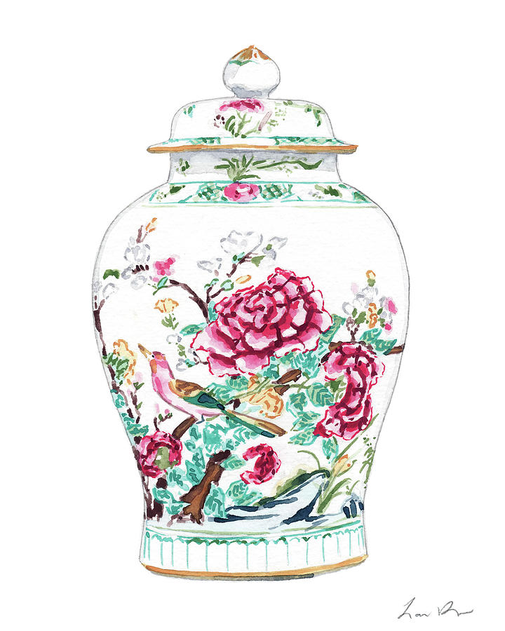 Flower Painting - Chinoiserie Rose Famille Ginger Jar No. 2 by Laura Row