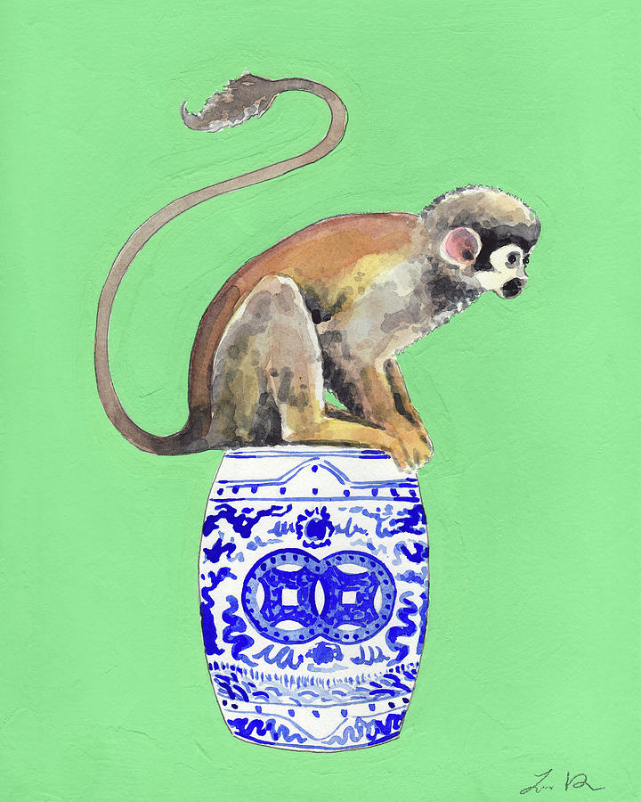 Monkey Painting - Chinoiserie Scene Monkey on Garden Seat No. 1 in Green by Laura Row