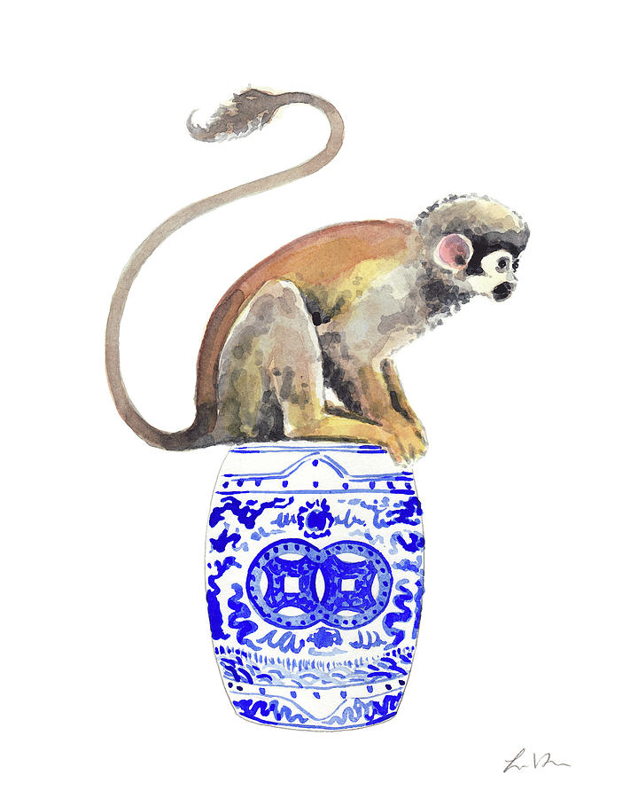 Jungle Painting - Chinoiserie Scene Monkey on Garden Seat No. 1 by Laura Row