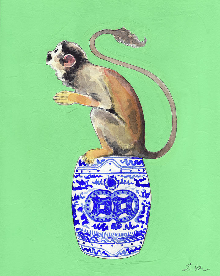 Monkey Painting - Chinoiserie Scene Monkey on Garden Seat No. 2 on Green by Laura Row