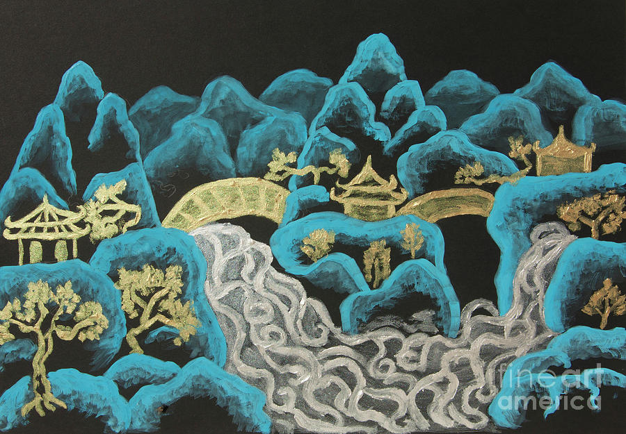 Chinse style landscape on black in blue, silver and gold Painting by Irina Afonskaya