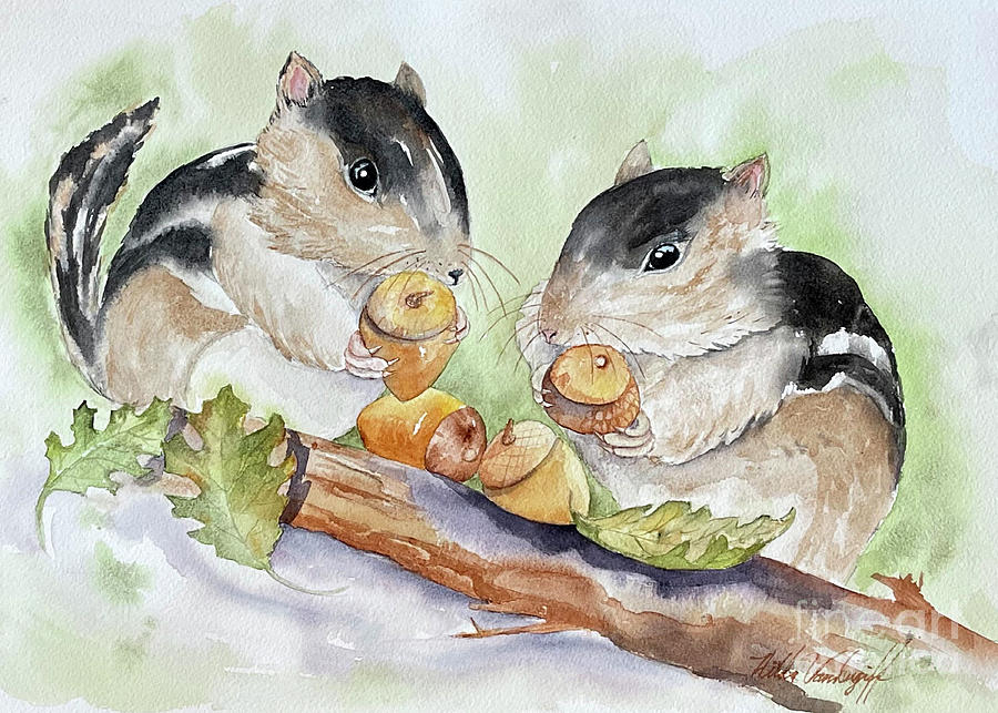 Chipmunks with Acorns Painting by Hilda Vandergriff