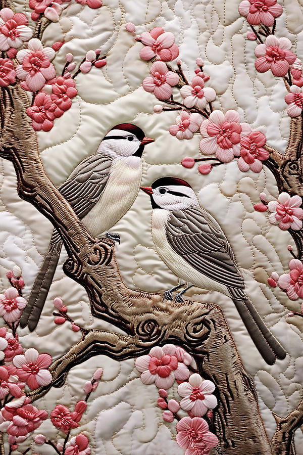 Spring Digital Art - Chipping Sparrows and Cherry Blossoms - Quilted Effect by Peggy Collins