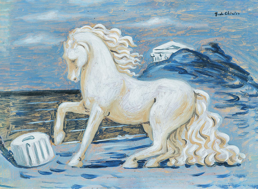 Chirico White Spirit Horse running at the sea Painting by Antique Paper ...