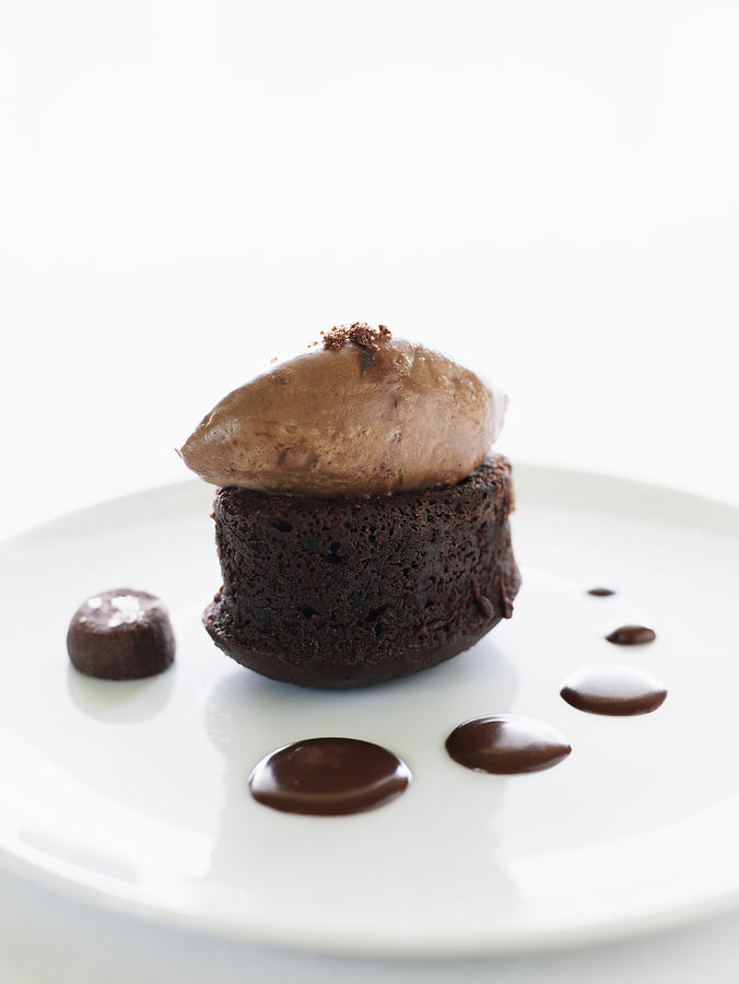 Chocolate ganache cake with shortbread cookie and cocoa chantilly. Photograph by Thomas Barwick