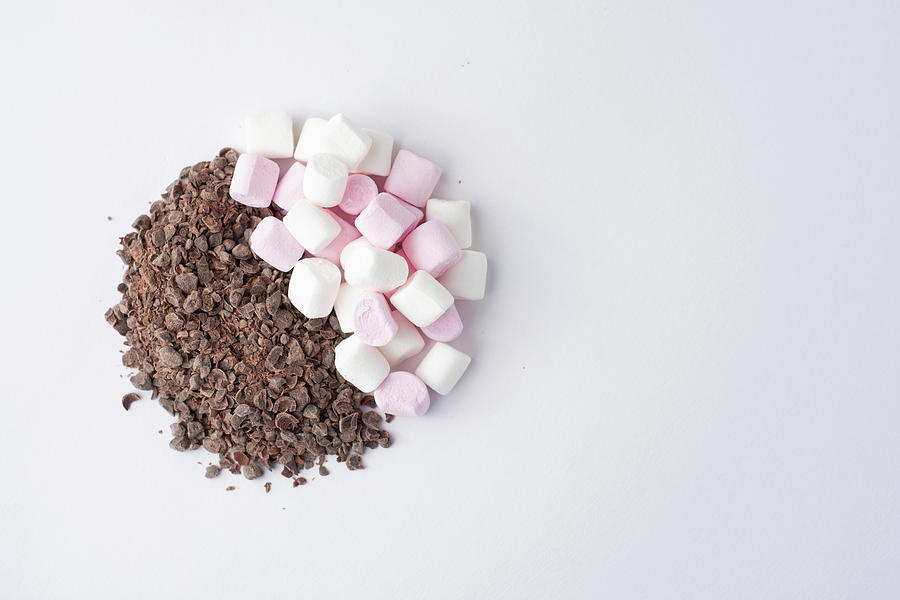 Chocolate Granules and Marshmallows Halfs Top View Photograph by Scott Lyons