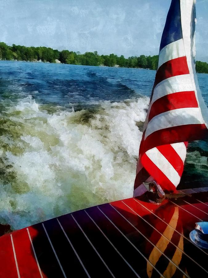 Chris Craft with Wake and Flag Digital Art by Michelle Calkins