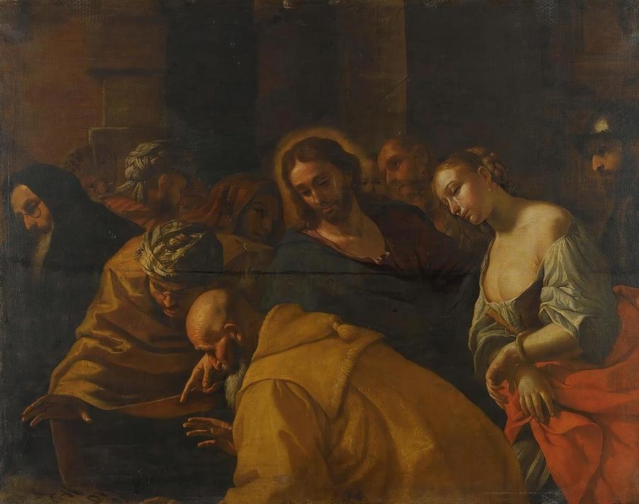 Mattia Preti Drawing - Christ And The Woman Taken In Adultery by Mattia Preti Italian
