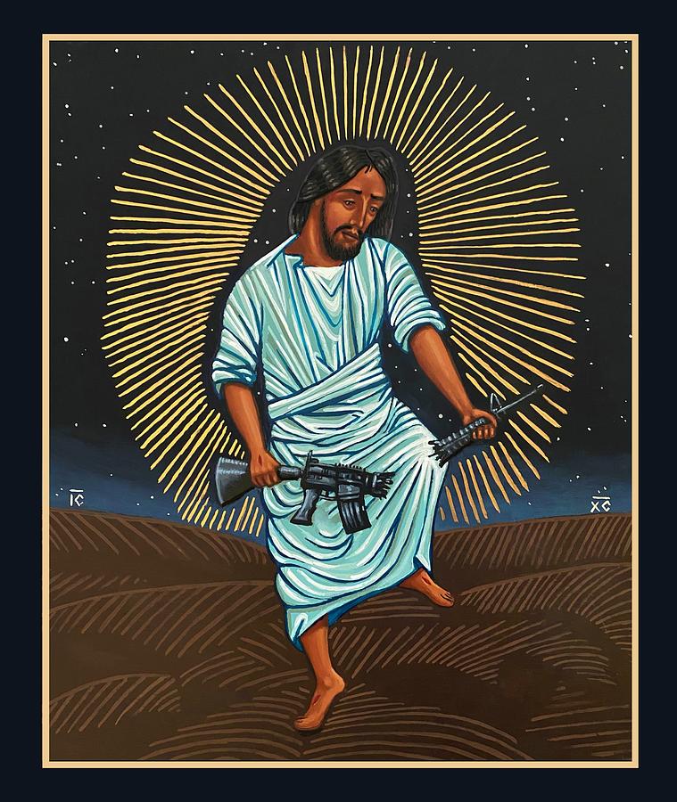 Religious Iconography Painting - Christ Breaks The Rifle by Kelly Latimore