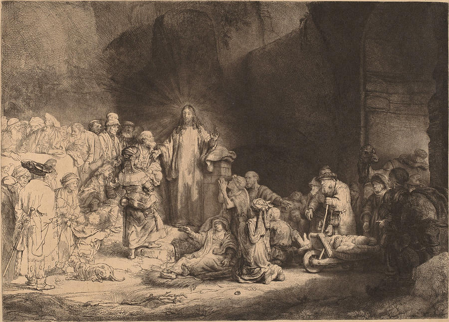 Rembrandt Drawing - Christ Preaching, The Hundred Guilder Print by Rembrandt