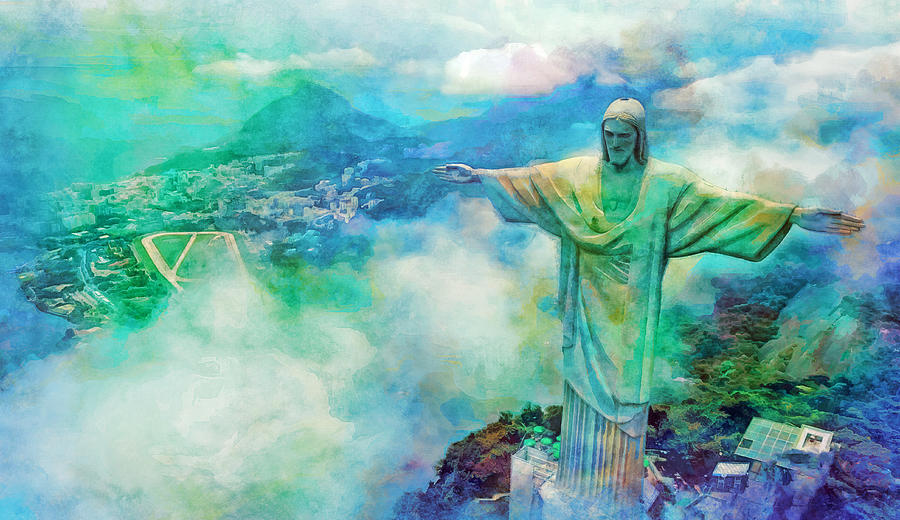Christ the Redeemer statue, Cristo Redentor, in Rio de Janeiro - cool colors digital art Digital Art by Nicko Prints