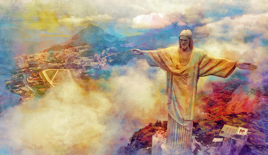Christ the Redeemer statue, Cristo Redentor, in Rio de Janeiro - warm colors digital art Digital Art by Nicko Prints