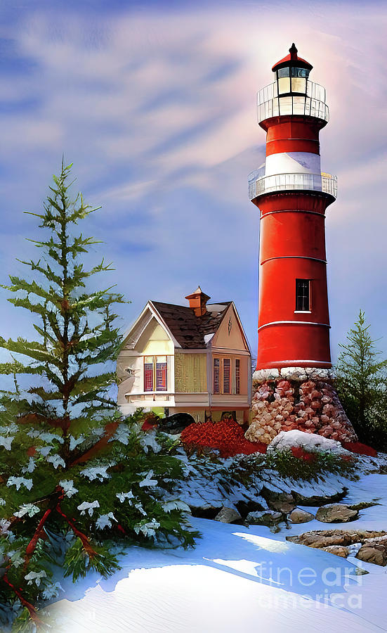 Christmas at the Ocean Lighthouse  #1 Digital Art by Elaine Manley