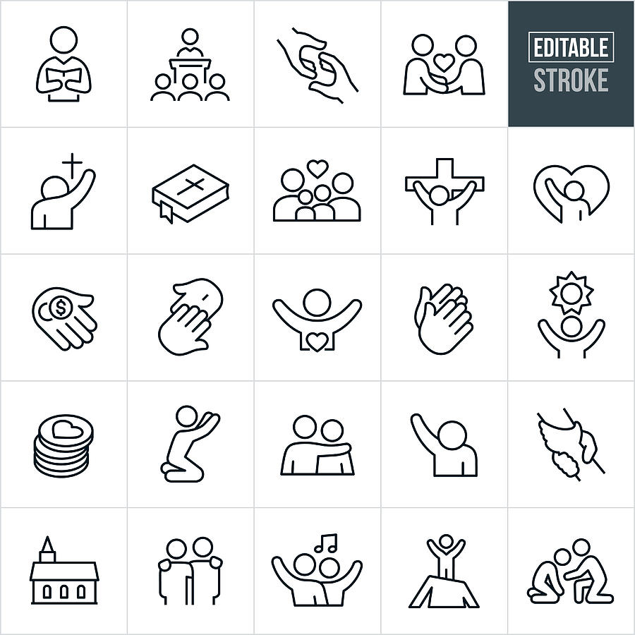 Christian Worship Thin Line Icons - Editable Stroke Drawing by Appleuzr